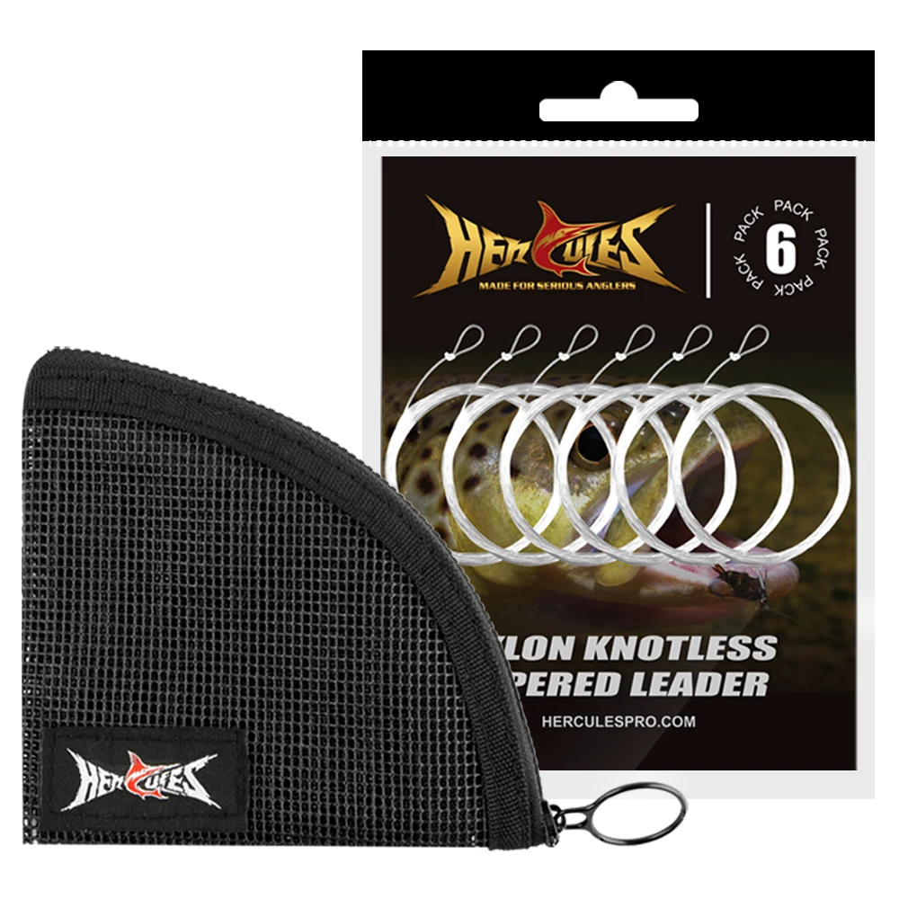 Hercules 6pcs Nylon Tapered Fly Fishing Leader Line Pre-Tied Loop 7.5/9/12/15 FT 0-7X  with Tapered Leader Wallet