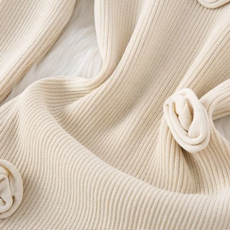 YuooMuoo Brand Fashion 3D Flowers Knitted A-line Long Dress Autumn Winter V-neck Long Sleeve Women Dress Korean Party Vestidos