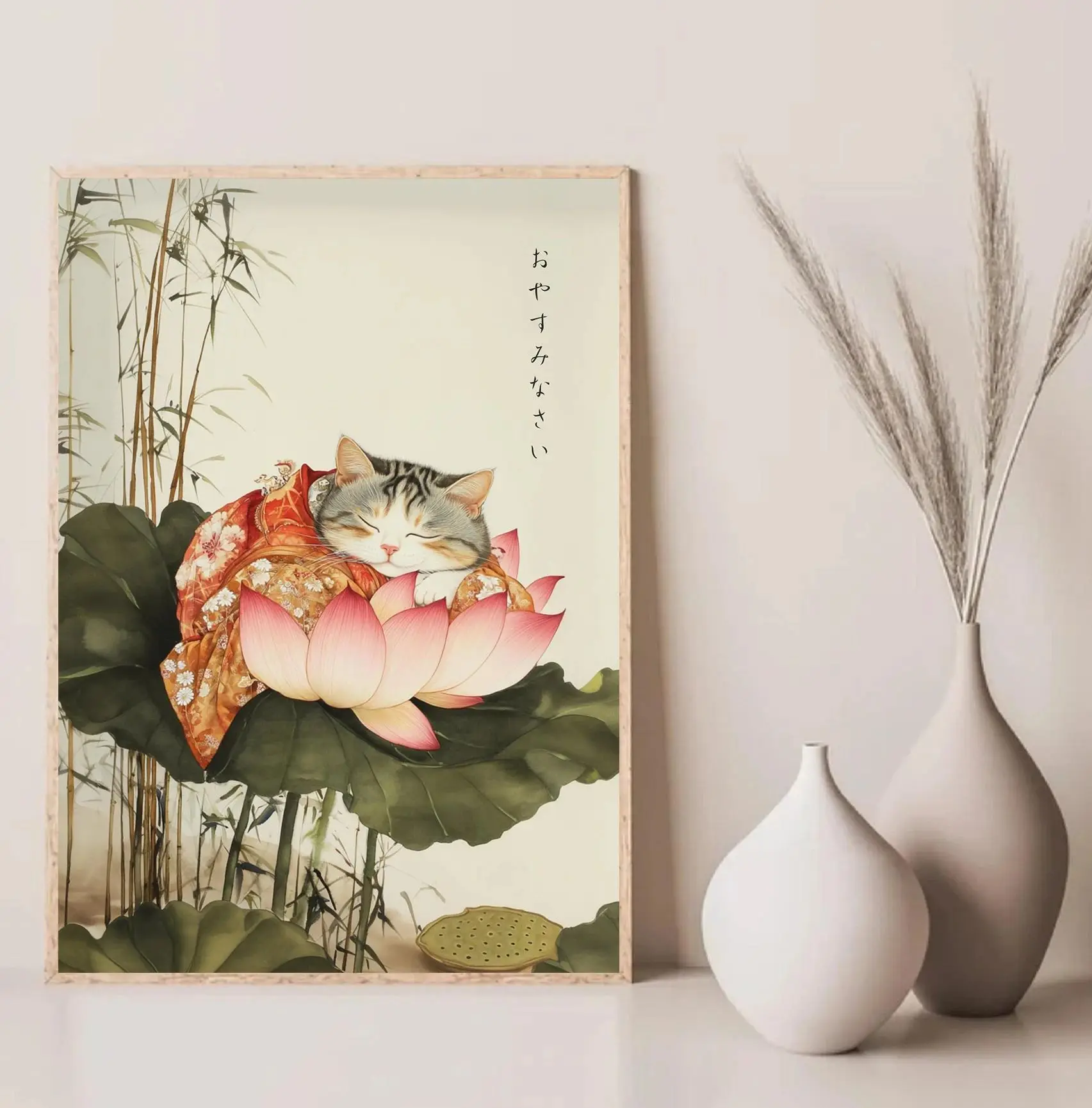 Japanese Cherry Blossom Cat Hot Spring Bath Retro Posters Prints Canvas Painting Wall Art Picture Living Room Home Decor