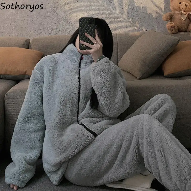 Winter Thicken Pajama Sets Women Simple Cozy Couple Home Flannel Korean Style Casual Sleepwear All-match Soft Lounge Clothing