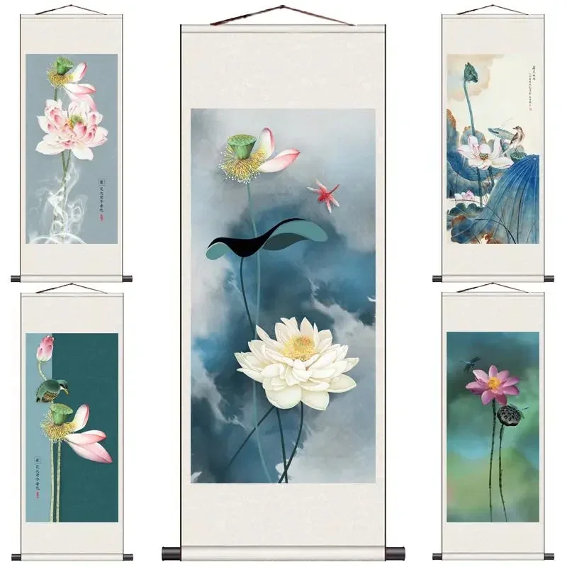 New Chinese Lotus Calligraphy and Vintage Decoration Silk Scroll Painting Porch Ink Mural Landscape Posters Hanging Painting