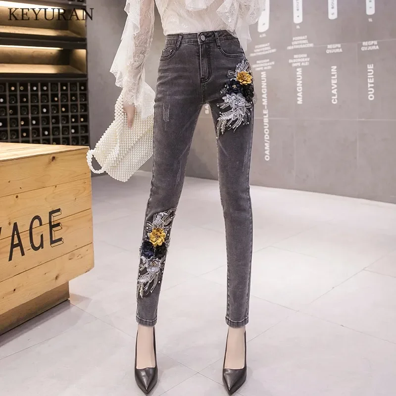 Imagem -02 - Calça Jeans Feminina Floral 3d Perolização Bordada Calça Longa Cintura Alta Lápis Elástico Calça Jeans para Senhoras Preta 2024