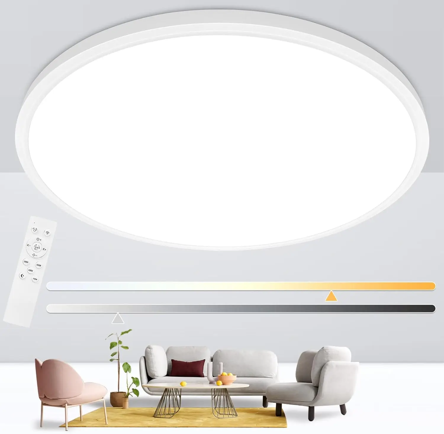 Plafonnier LED rond à intensité variable avec télécommande, montage encastré ultra fin, luminaire moderne, blanc, 24 pouces, 56W, 5600 lumens