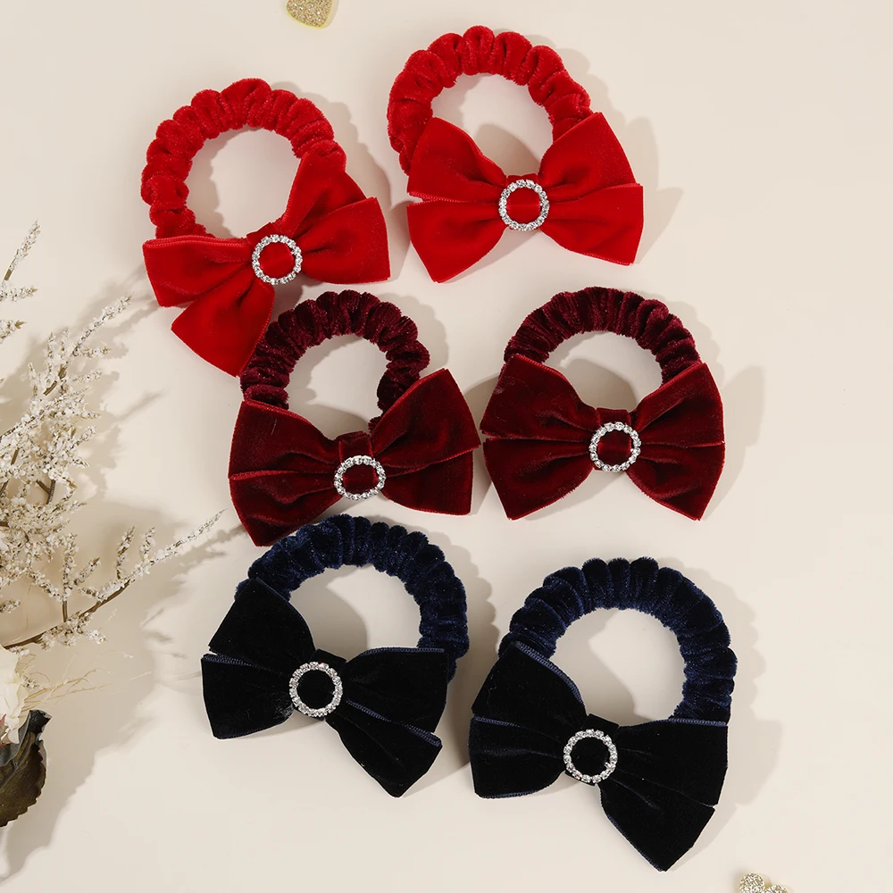 

2Pcs Solid Color Velvet Bow Hair Ties Sweet Rhinestones Bownot Elastic Rubber Bands Retro Hair Scrunchies For Girls Accessories