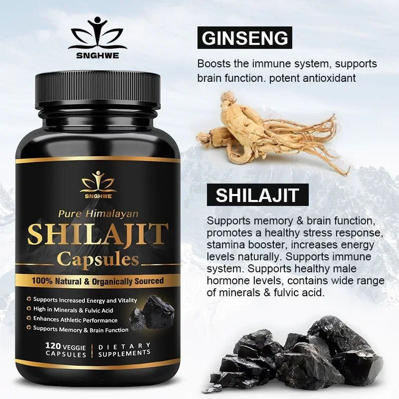 كبسولات Shilajit Pure Himalayan Organic-6550MG Shilajit - شيلجيت ممتاز للرجال - مع أشواغاندا الجينسنغ والمزيد من حمض اللفيت