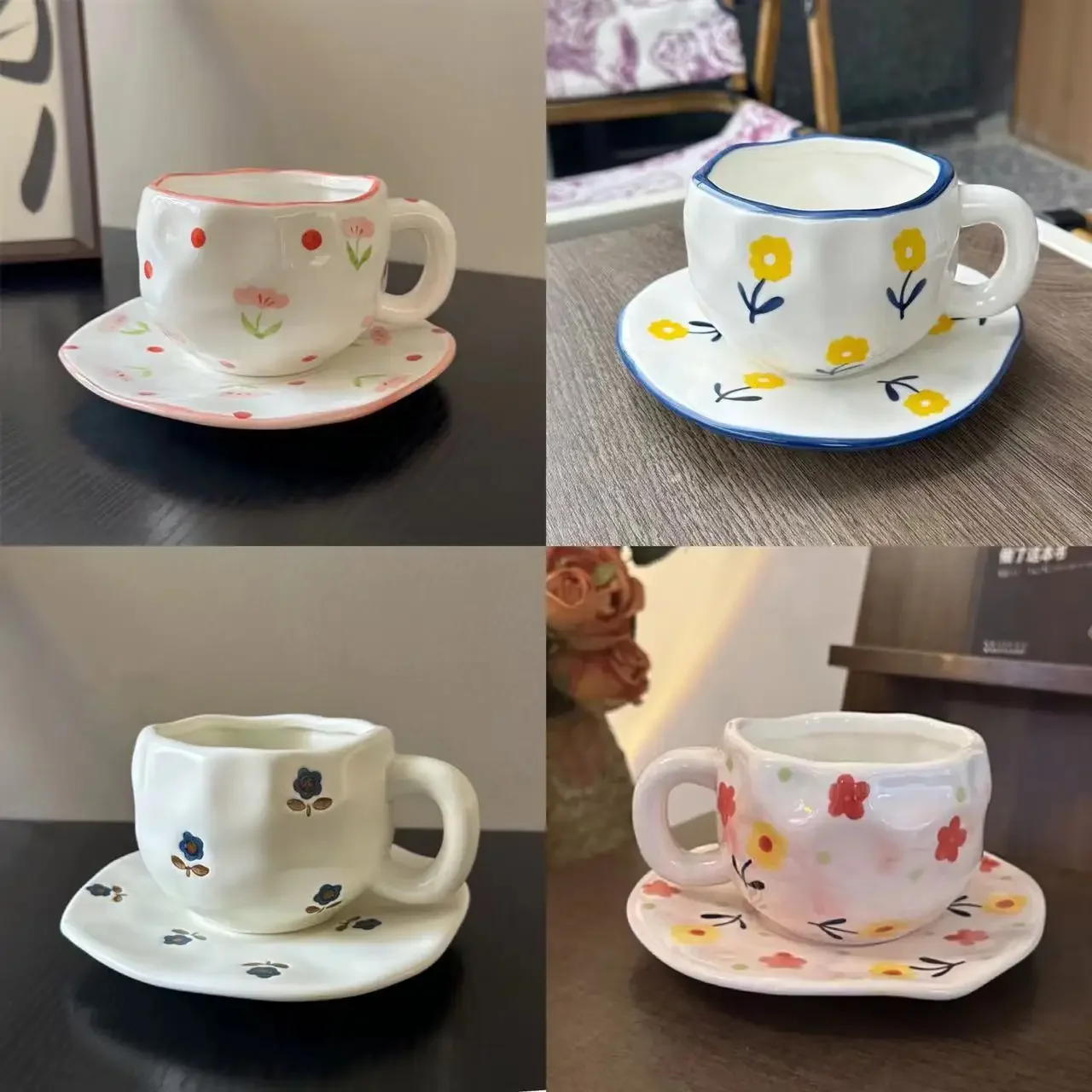Instagram Style Korean Retro Floral Ceramic Coffee Cup And Saucer Hand-Painted Irregular Mug with High-Looking Dessert Plate