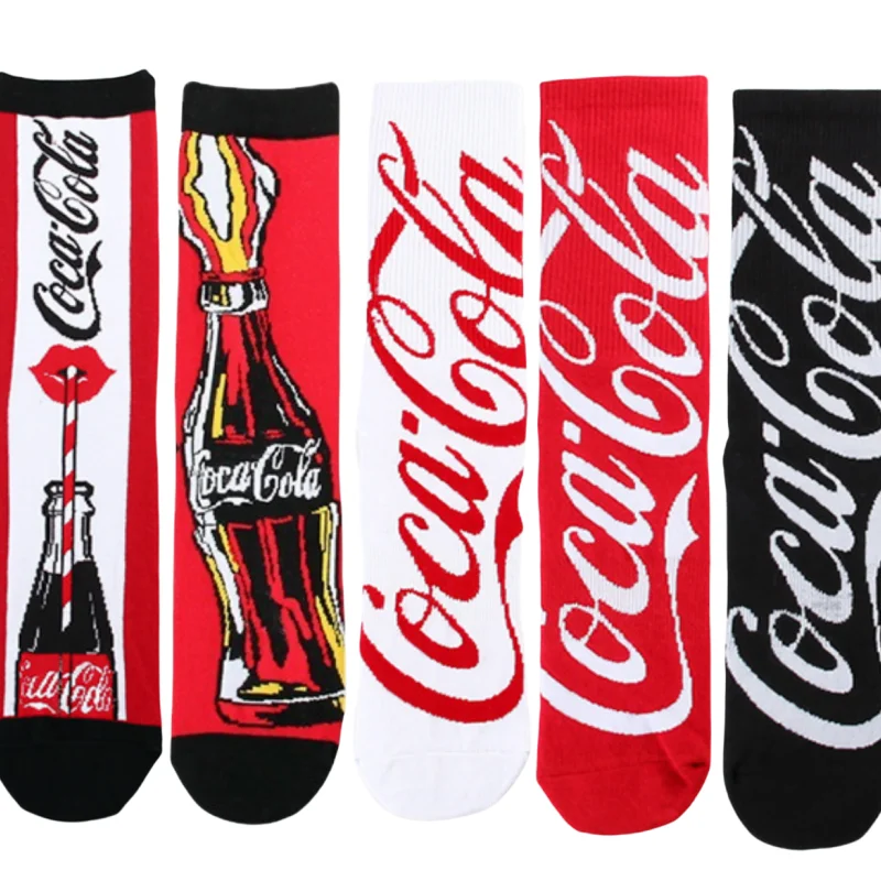 1 Pair Cartoon Anime Coke Letters Casual Sports Jacquard Red Young Men and Women Couples Mid-calf Socks Trendy Socks Long Socks