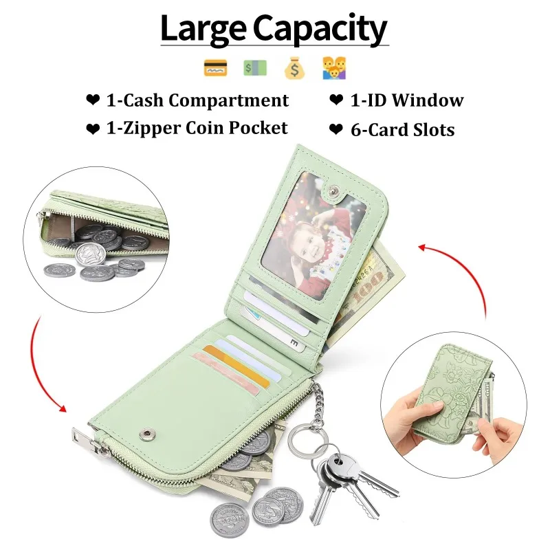 Ladies Zip Coin Purse with Key Ring Embossed Design, Multi Card Slots Large Capacity Wallet Fashion Accessories