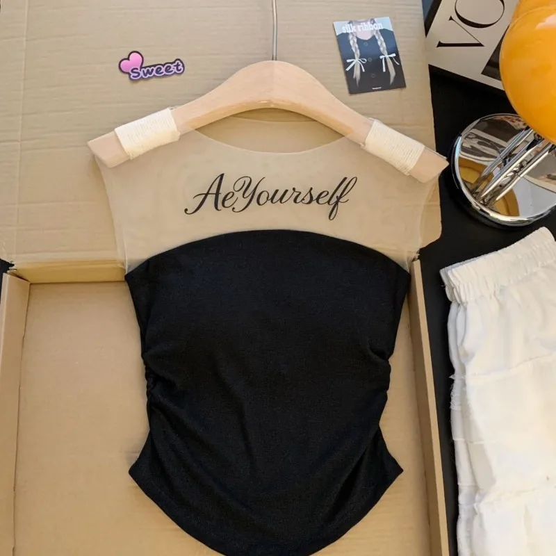 2026 Pure Desire Spice Girl Letter Printing Splicing Mesh Tube Top Women's Chest Pad Pleated Waist Fashion Versatile Top