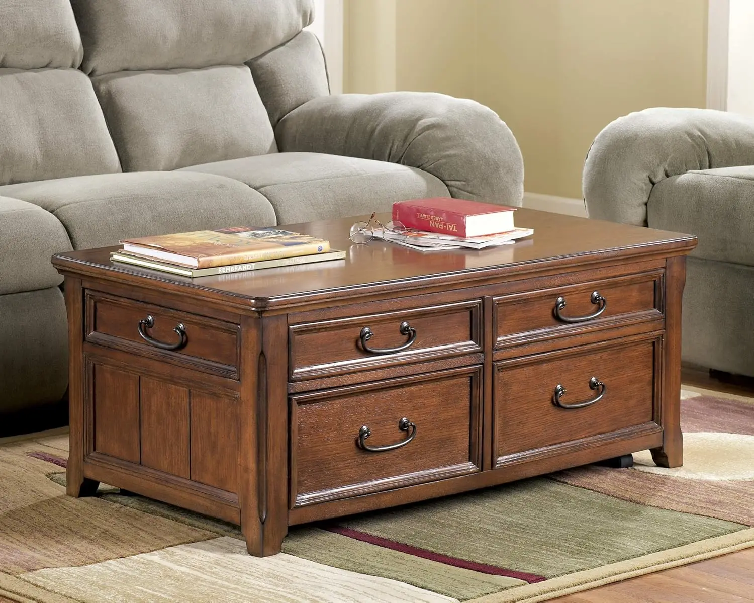 Traditional Rectangular Lift  Top Coffee Table with 4 Drawers and Casters For Movement, Dark Brown