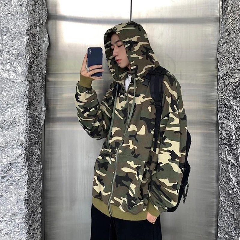 Japan Style Vintage Camouflage Print Long Sleeve Men Hooded Sweatshirts Harajuku Loose Zipper Cardigans Coats Punk Clothing Tops