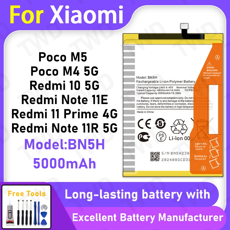 

100% New 5000mAh BN5H Battery For Xiaomi Poco M5/Poco M4 5G/Redmi 10 5G Battery Replacement Bateria+Free Tools