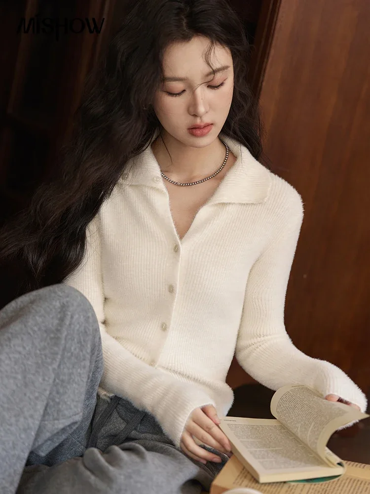 MISHOW Mink Wool Knitted Sweater Women 2024 Fall Winter New French Gentle Design Slim Lapel Long Sleeved Thin Sweater MXD36Z1017