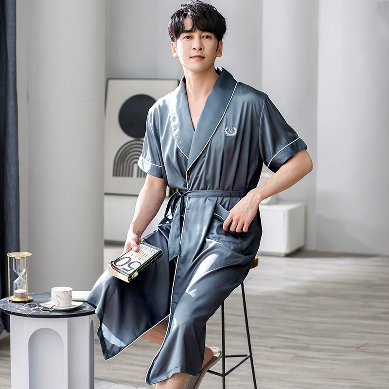 Men's Silk Satin Nightgown Summer Short Sleeve Simple Long Robes Pajamas Morning Robe V-Neck Home Bathrobe For Male