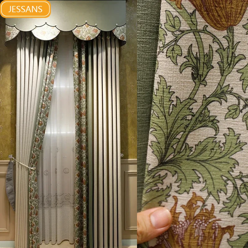 

Pastoral Retro Green Jacquard Cotton Linen Thickened Splicing Curtains for Living Room Bedroom French Window Customized Finished