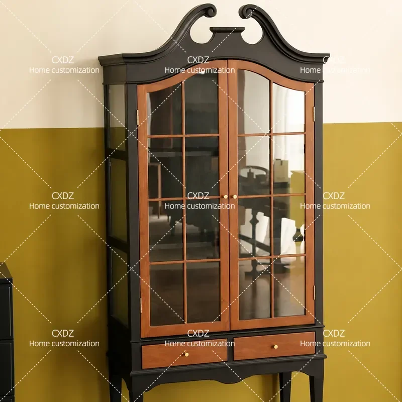 Solid Wood Dining Side Cabinet Wine Storage Locker with Glass Doors Retro Medieval Nanyang Style American Country Home