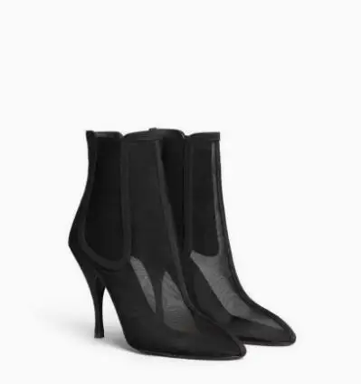 Black Burgundy Mesh Ankle Boots Pointed Toe Stiletto High Heel See‑Through Mesh Spliced Short Boots Party Fashion Booties Women