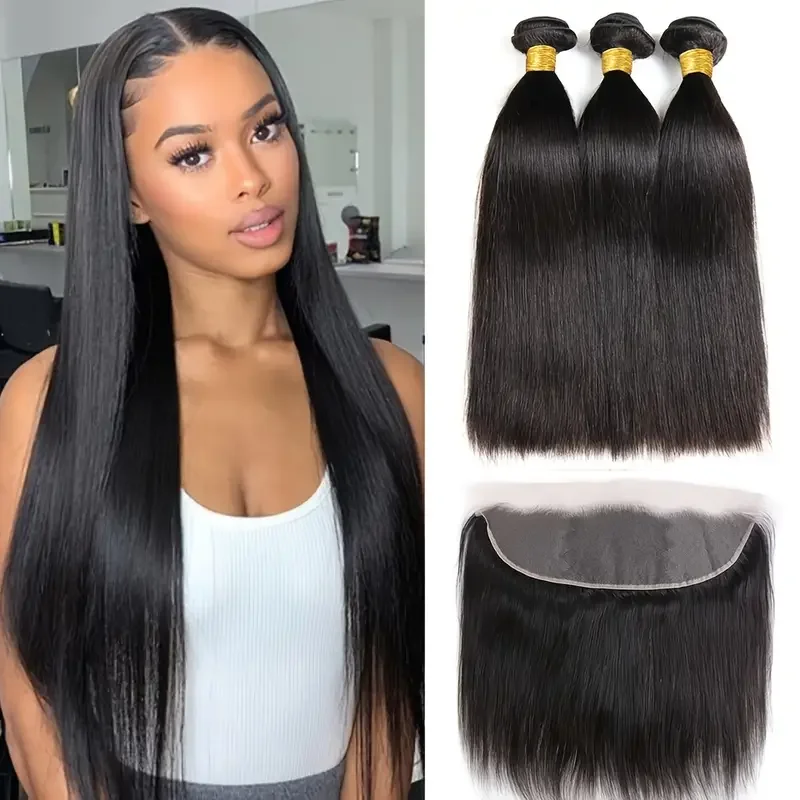 Brazilian Bone Straight Hair Bundles With Frontal Closure 100% Human Hair 3 Bundles With 13X4 Transparent Ear To Ear Lace Front