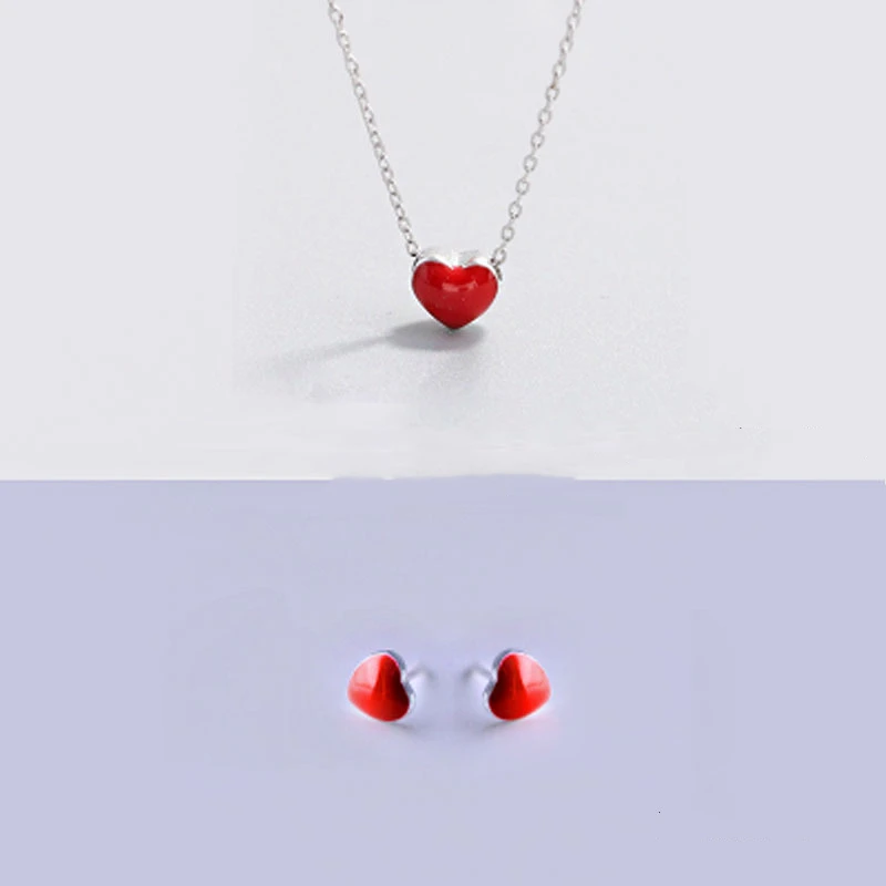 925 Sterling Silver Cute Red Heart Necklace Earrings for Women Girls.Fashion Lovely Enamel Heart Statement Fine Jewelry Set