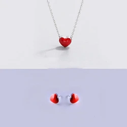 925 Sterling Silver Cute Red Heart Necklace Earrings for Women Girls.Fashion Lovely Enamel Heart Statement Fine Jewelry Set