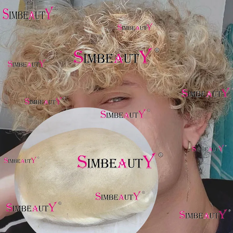 

24 мм натуральные вьющиеся 613 платиновая блондинка супер тонкая кожа полные человеческие волосы естественная линия волос 0,06 мм необнаружимые мужские парики протезы