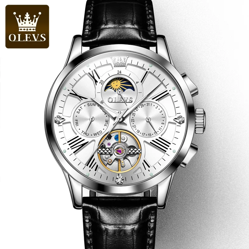 OLEVS New Sport Mechanical Watch Men‘s Fashion Moon Phase Date Waterproof Automatic Tourbillon Watch Luxury Leather Men Watches