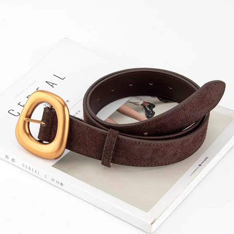Women Vintage Gold Buckle Suede Leather Corset Female Cummerbund Coat Waistband Dress Decration Wide Belt J1867