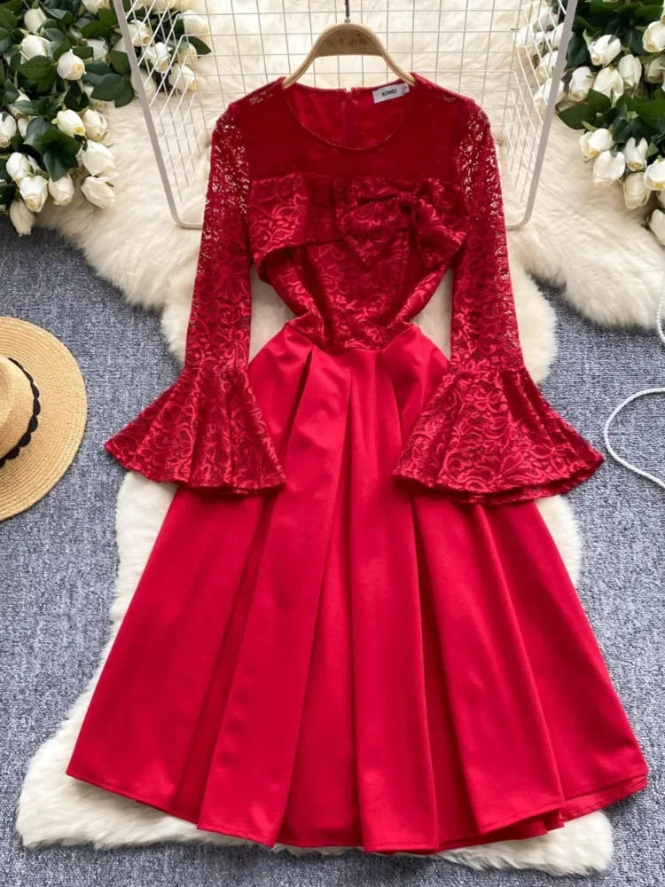 

Wine Red Little Dress High Quality Sexy Lace Splicing Hollow Bow Horn Slim-Fit Long-Sleeved Dresses Banquet Party Clothes Women