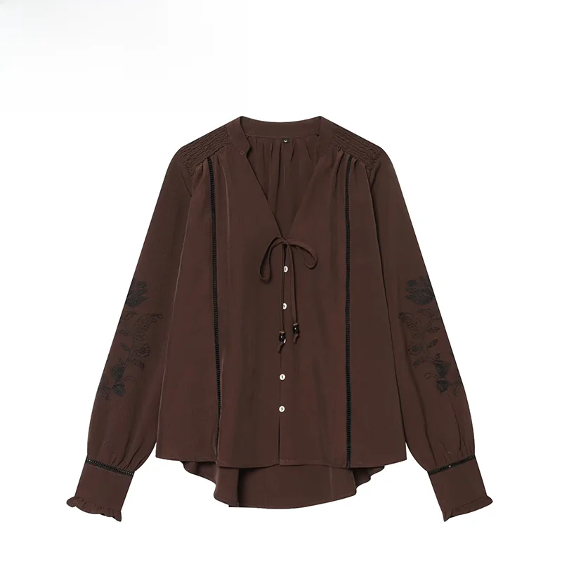 

Summer New ZR Women's Shirt Embroidery Decorated Vintage Design Sense European Style Polyester Long Sleeve V-neck Blouse