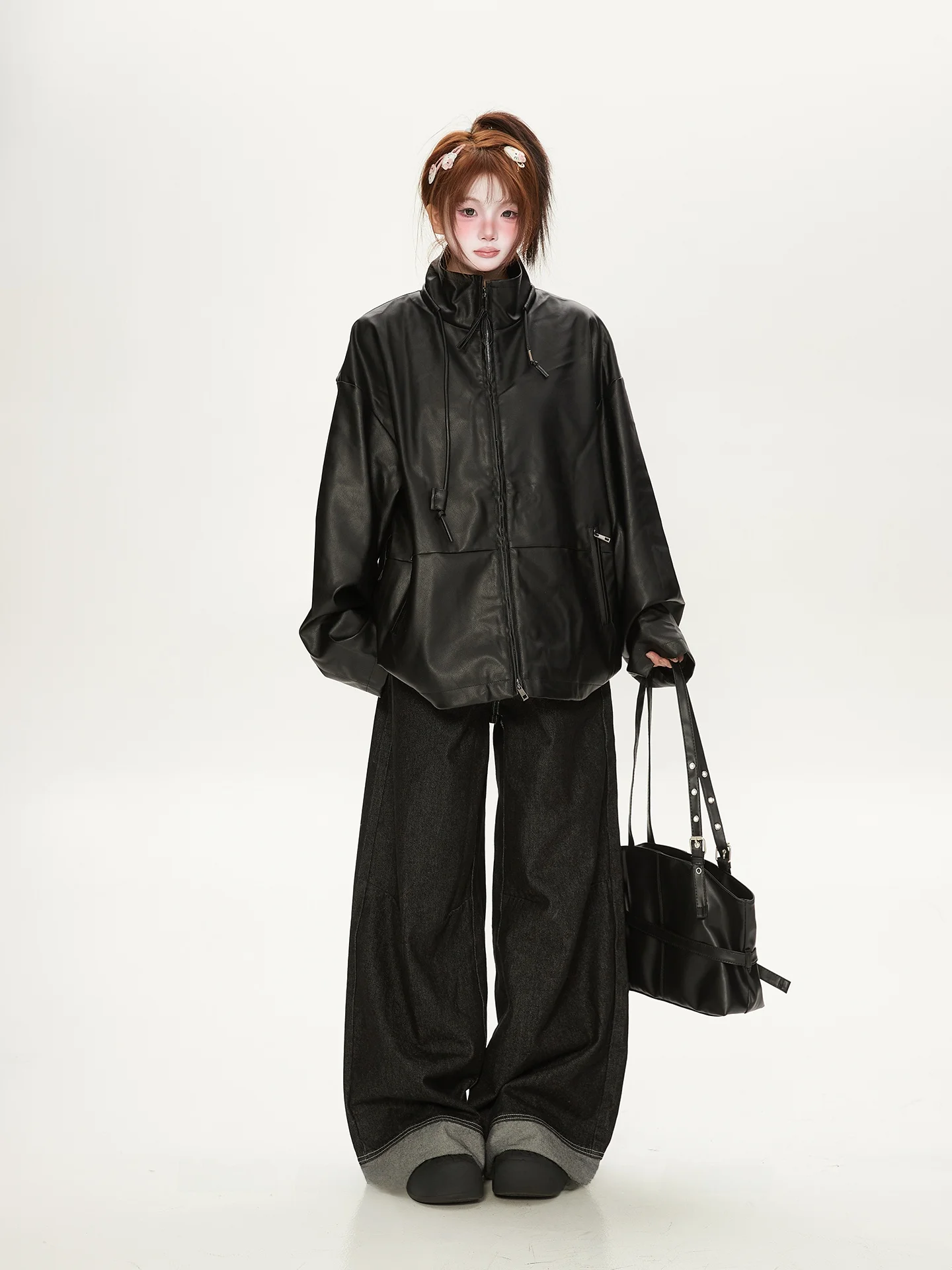 เสื้อโค้ทหนัง PU สไตล์เรโทรอเมริกัน คอตั้ง ทรงหลวม คุณภาพสูง สำหรับผู้หญิง ฤดูใบไม้ผลิ ฤดูใบไม้ร่วง เหมาะสำหรับคู่รัก