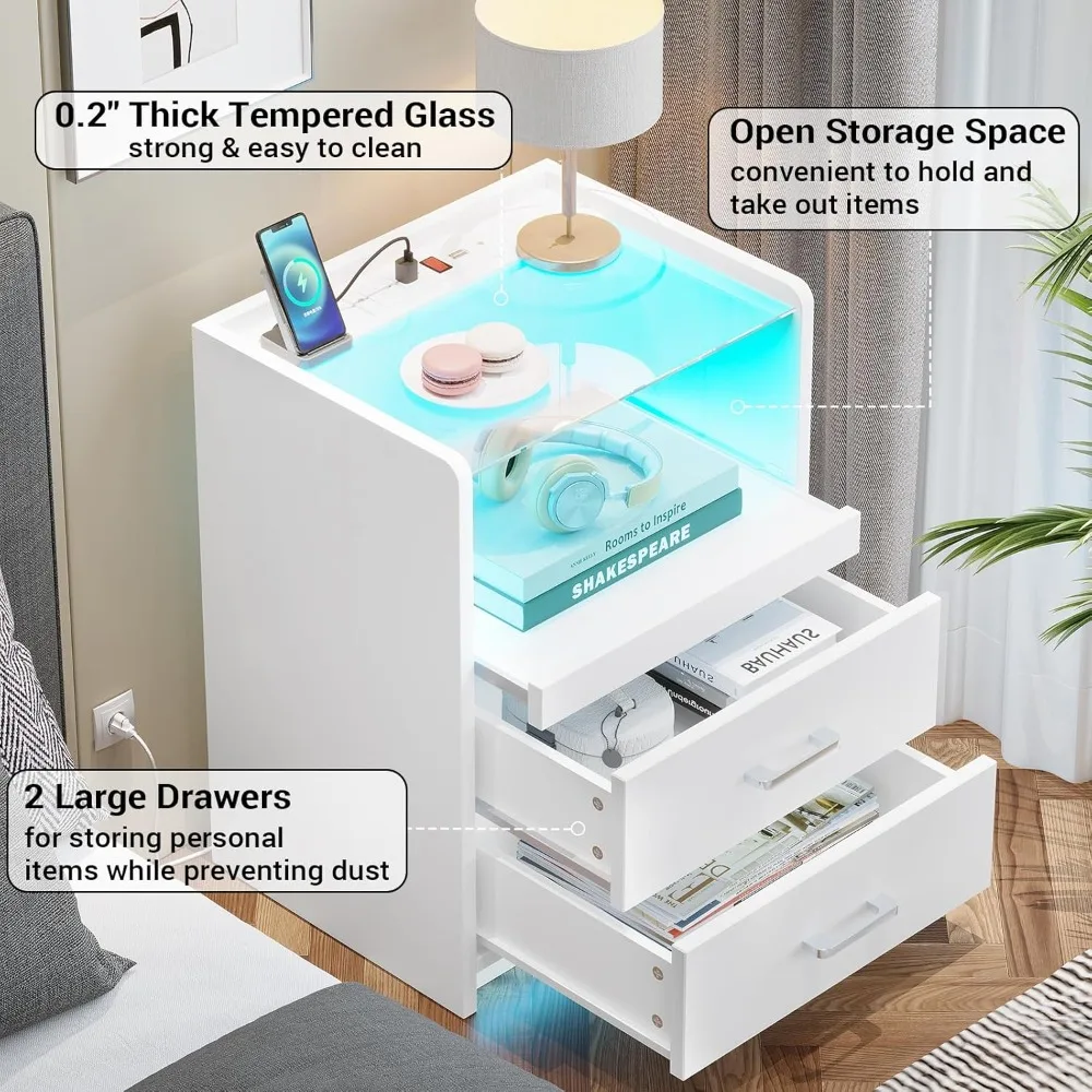 منضدة حديثة بإضاءة LED مع قاعدة شحن وصينية قابلة للسحب ودرجين للاستخدام بجانب السرير #4
