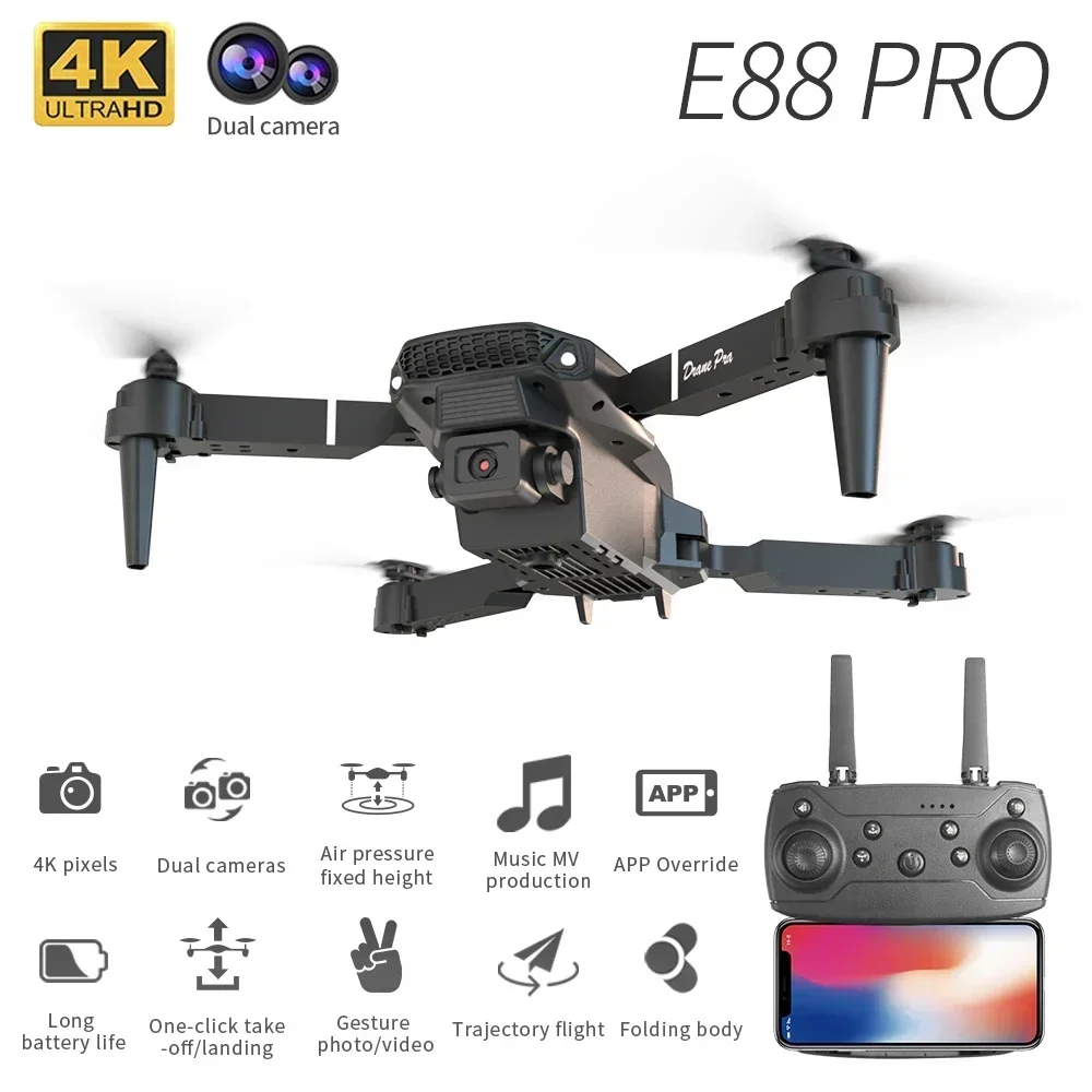 4K Professinal Met 1080P Groothoek Dual HD Camera Opvouwbare RC Helicopter WIFI FPV Nieuwe E88Pro RC Drone Hoogte Hold Schort Verkopen