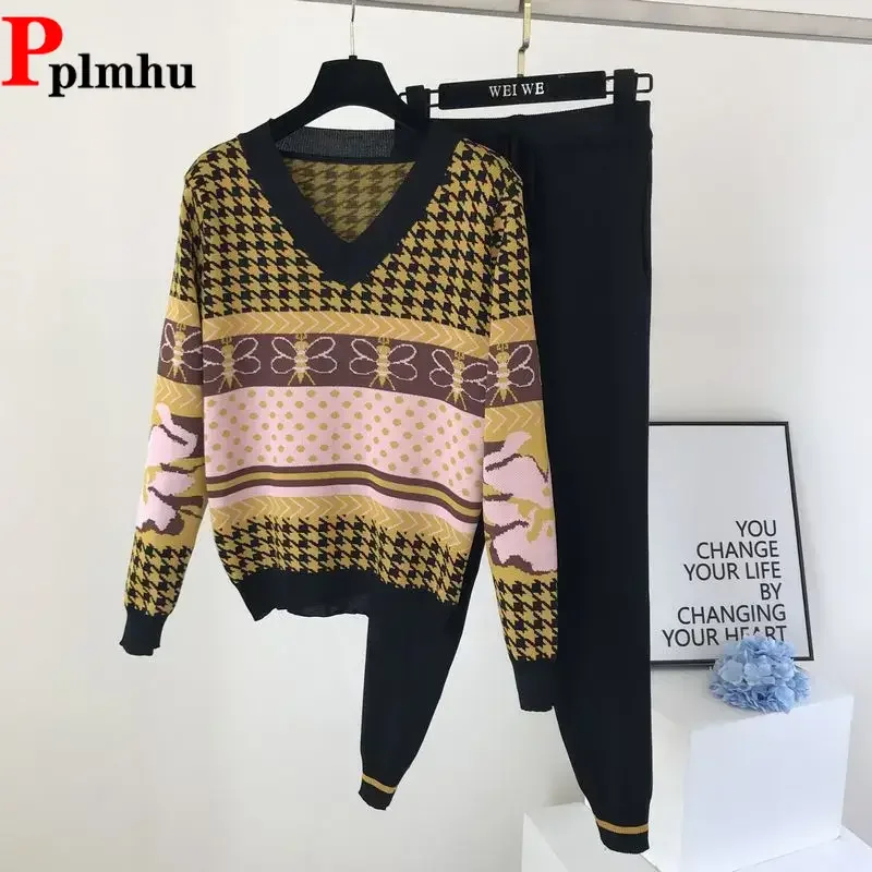 

Sweater Two Piece Sets Ankle-length Pants Tracksuit Knit Outfits Women Vintage Print Long Sleeve V-neck Patchwork Pullover Suit