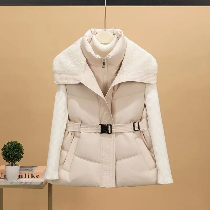 

Europe United States New Women's Lambswool Lapel Belt Cotton Padded Jacket Vest Sleeveless Fashion Vests Waistcoats