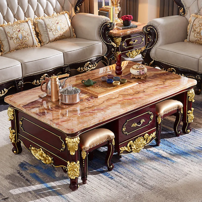 

European style solid wood coffee table, small unit living room, marble kung fu coffee table, office tea making table