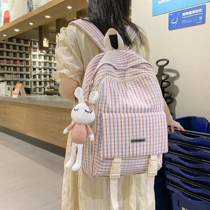 Mochila a cuadros de gran capacidad para mujer, mochilas minimalistas japonesas para estudiantes de secundaria, mochilas escolares a cuadros