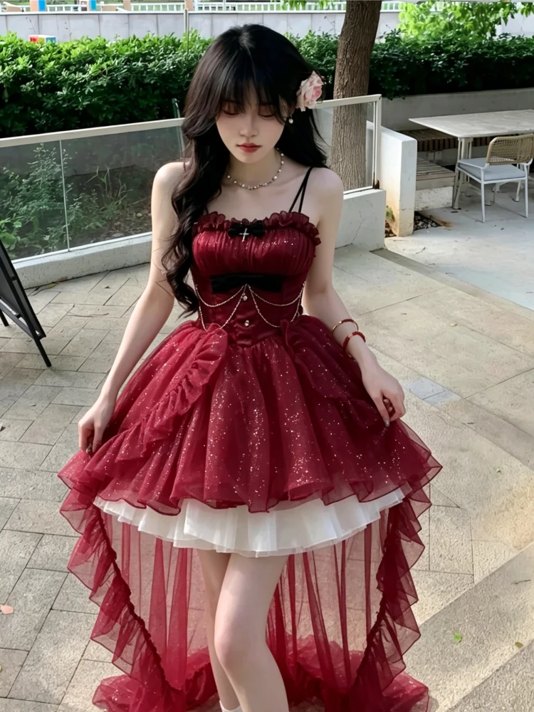 Ruffle Tulle Skirt Gothic Red Lolita JSK Dress Spaghetti Strap Chain Bow Decor High Low Hem Vintage Princess Women Dress