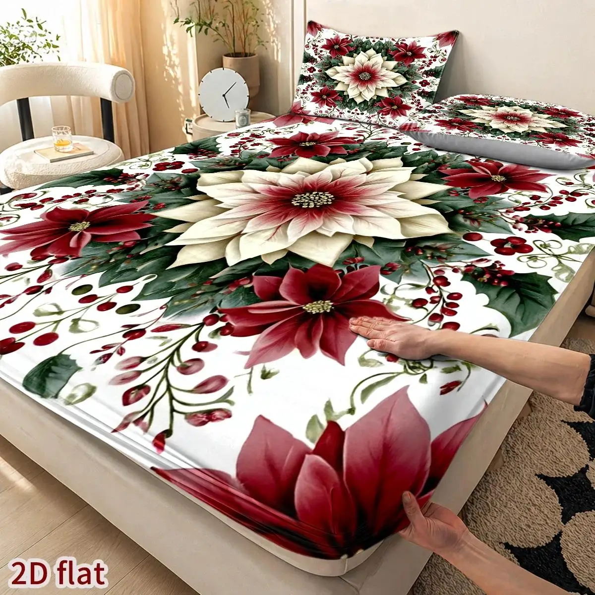Christmas Red Flowers and Green Leaves 3-Piece Mattress Protector Set, Christmas Decoration 2D Flat, Mattress Protective Cover, Christmas, Holiday Decoration Mattress Cover, Suitable for All Seasons, Machine Washable, for Home, Dormitory, Master Bedroom, Guest Room, Soft and Skin-Friendly, Dust-Proof and Mite-Proof, High Elasticity Fit, Easy to Store and Portable