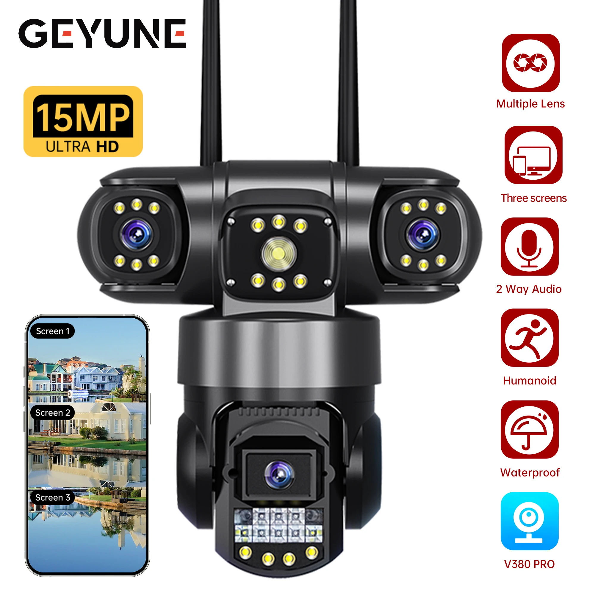 

15MP Three Lens Three Screens PTZ IP Camera Outdoor HD Wifi Security Camera 10X Zoom Ai Human Detection Home Surveillance Camera