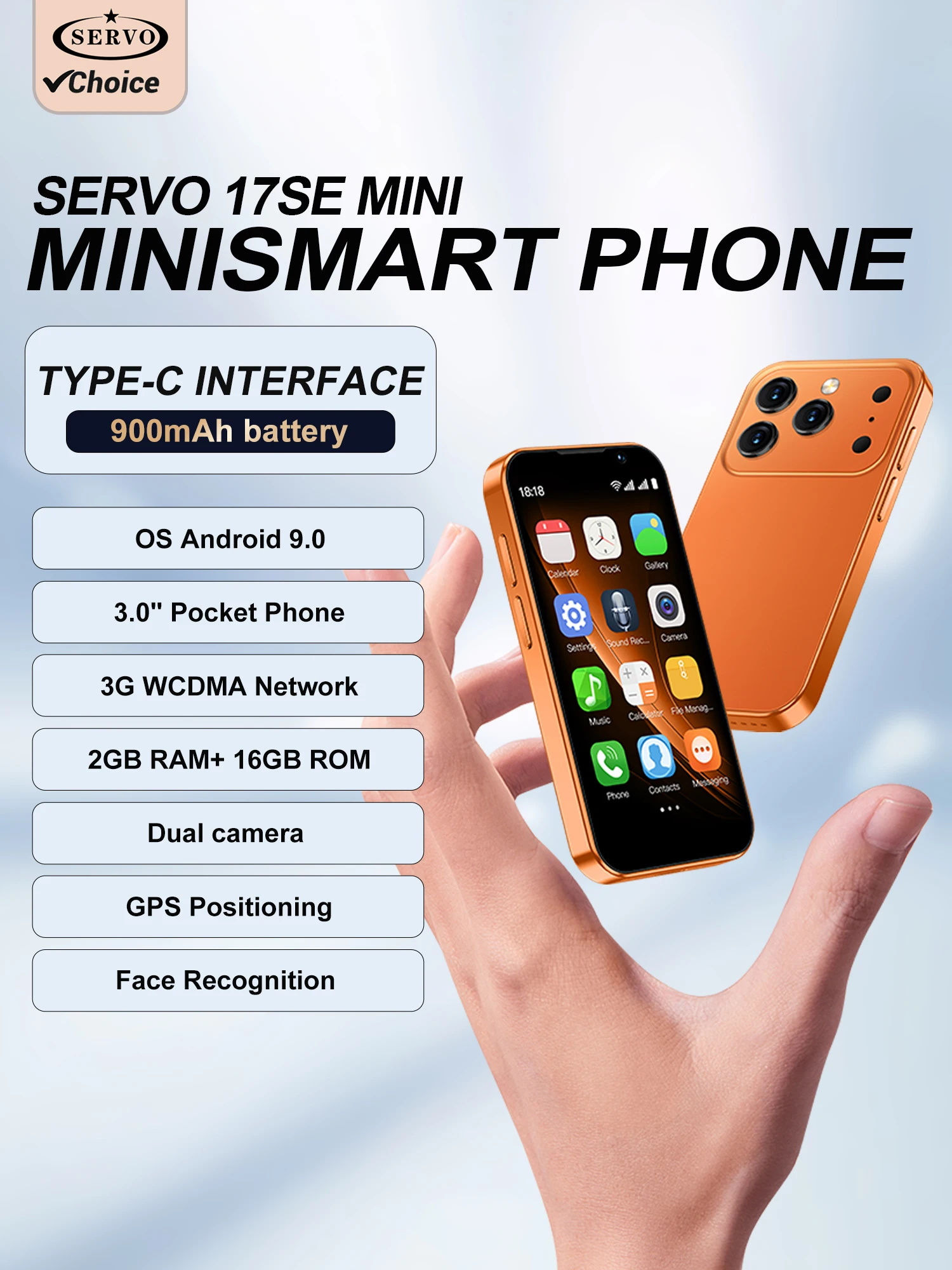 SERVO 17SE Mini-Smartphone Android Dual-SIM 3G-Netzwerk 2GB RAM 16GB ROM 3,0-Zoll-Tiny-Screen ‌   Smartphones mit Gesichtserkennung GPS WLAN Kamera Kleines Taschen-Handy