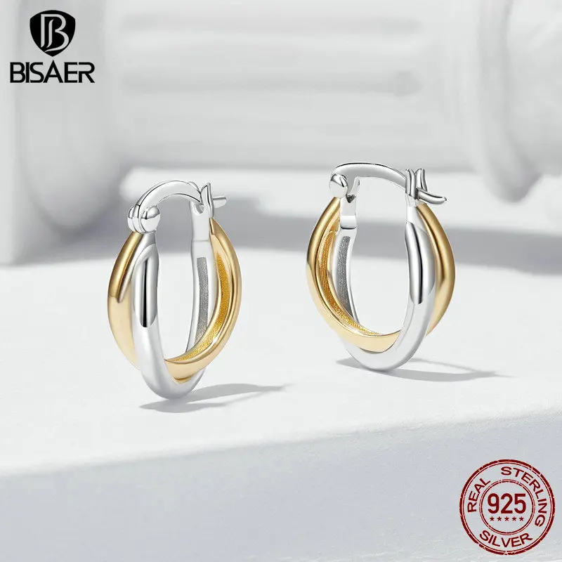 BISAER 925 Sterling Silver Bicolor Gold&Silver Round Stud Earrings Double Ear Clip Plated Platinum For Woman Party Fine Jewelry