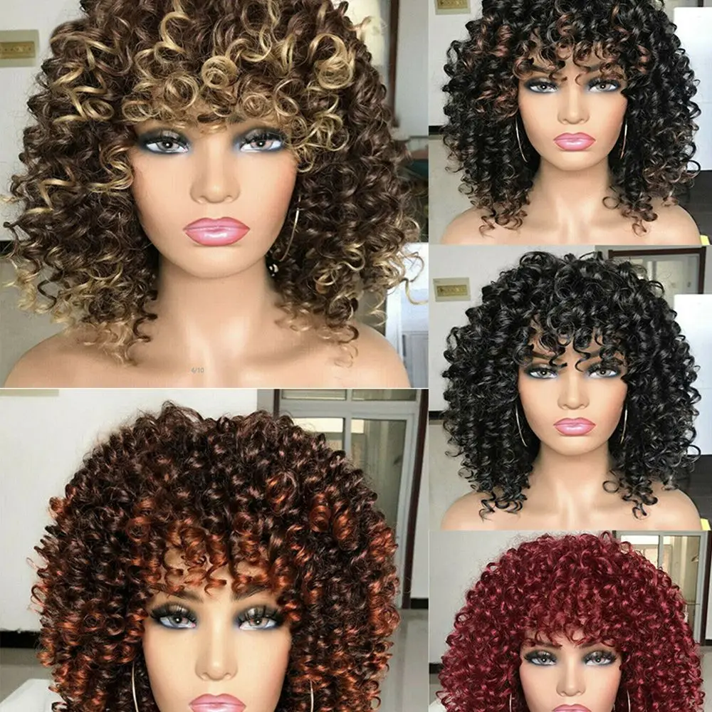 Krótka peruka Afro Kinky Curly Syntetyczne peruki dla kobiet Moda Pełna peruka z grzywką Afrykańskie kobiety Włosy Peruka Brazylijski Fantazyjny