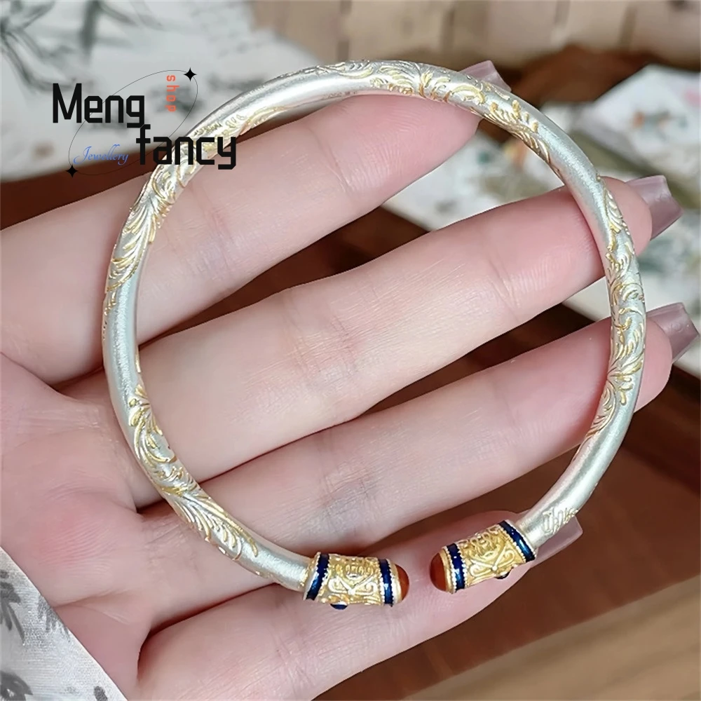

Silver Brocade Embroidered Auspicious Words Tang Dynasty Grass Pattern Silver Bracelet Retro Court Chinese Style Gilded Solid