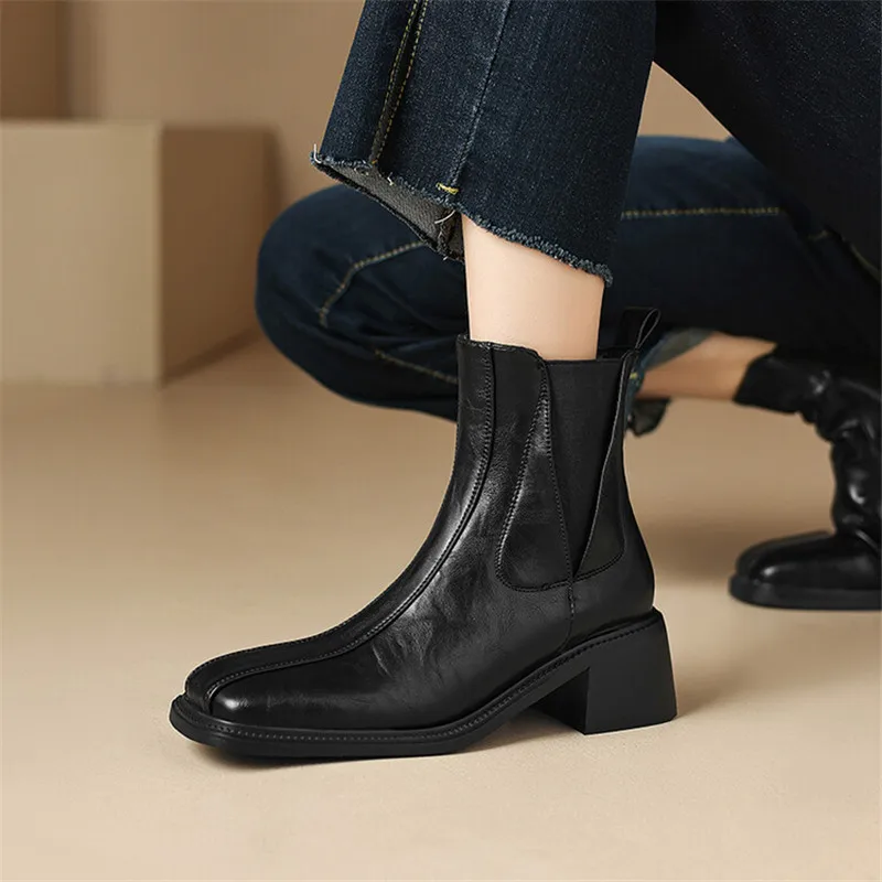 New Autumn Winter Women Boots Fashion Square Toe Chelsea Boots for Women Short Boots Shoes Chunky Heel Botines Mujer High Heels