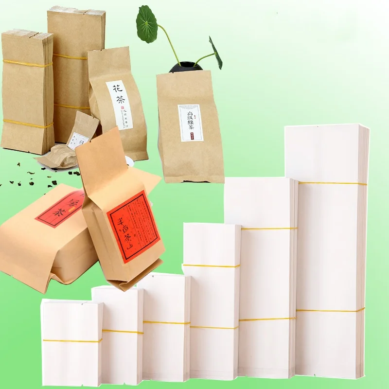 100PCS Open Top White Kraft Paper Side Gussets Bag DIY Snack Coffee Beans Tea Spice Matcha Cocoa Heat Sealing Storage Pouches
