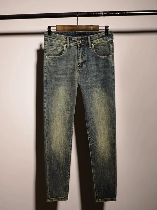 

Мужские джинсы Slim Fit Nine-Tenths, синие, модные, винтажные, эластичные, из денима, средней посадки, длинные брюки, летние, для молодежи