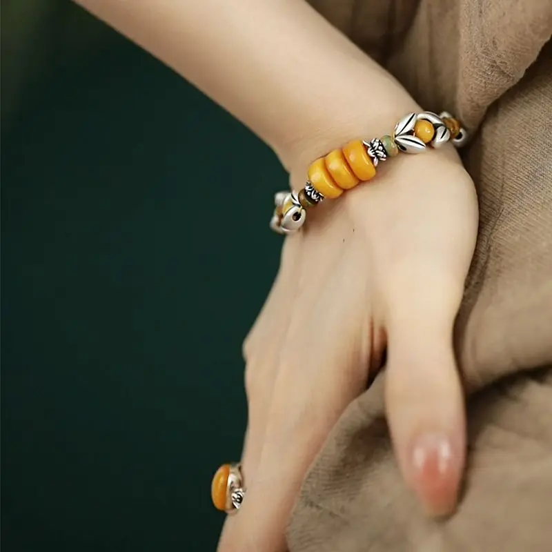 

Желтый круглый браслет с бусинами-разделителями в форме колосьев пшеницы и листьев, новый винтажный этнический дизайн, ручная работа, для повседневной носки, ювелирное украшение, подарок для женщин