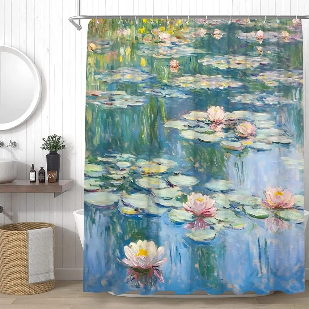 

Water Lilies Lotus Shower Curtain Abstract Oil Painting Art Green Plant Floral Nature Garden Bathroom Decor Curtains Set