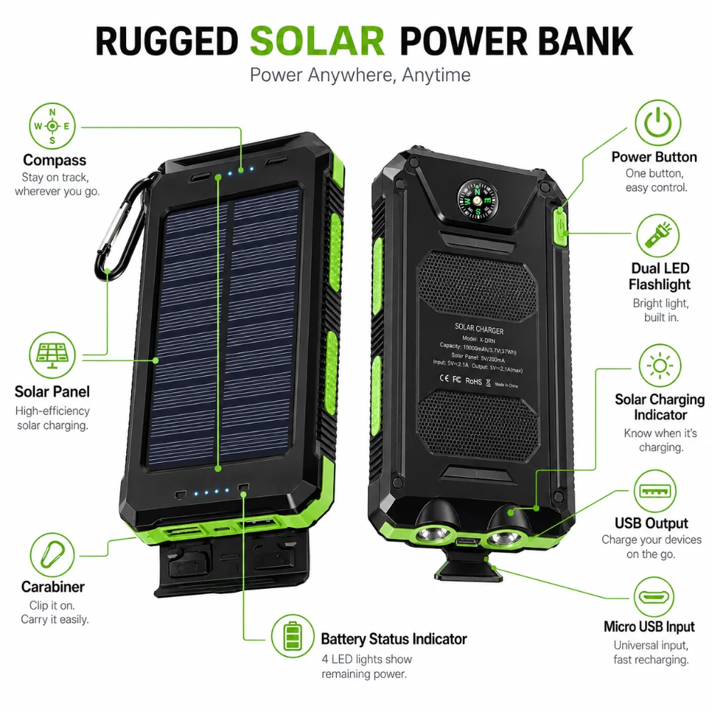 Solar Power Bank 20000mAh Mobile Power Fast Charging Battery Multifunctional with 4 Cables Wireless Charger LED Flashlight Solar