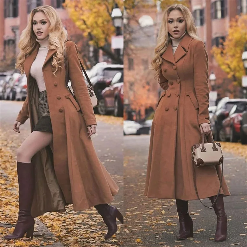 

Designer Brown Women Suit Overcoat Woolen Long Jacket Coat 1Pcs Thick Warm Blazer Double Breasted Custom Made Prom Dresses